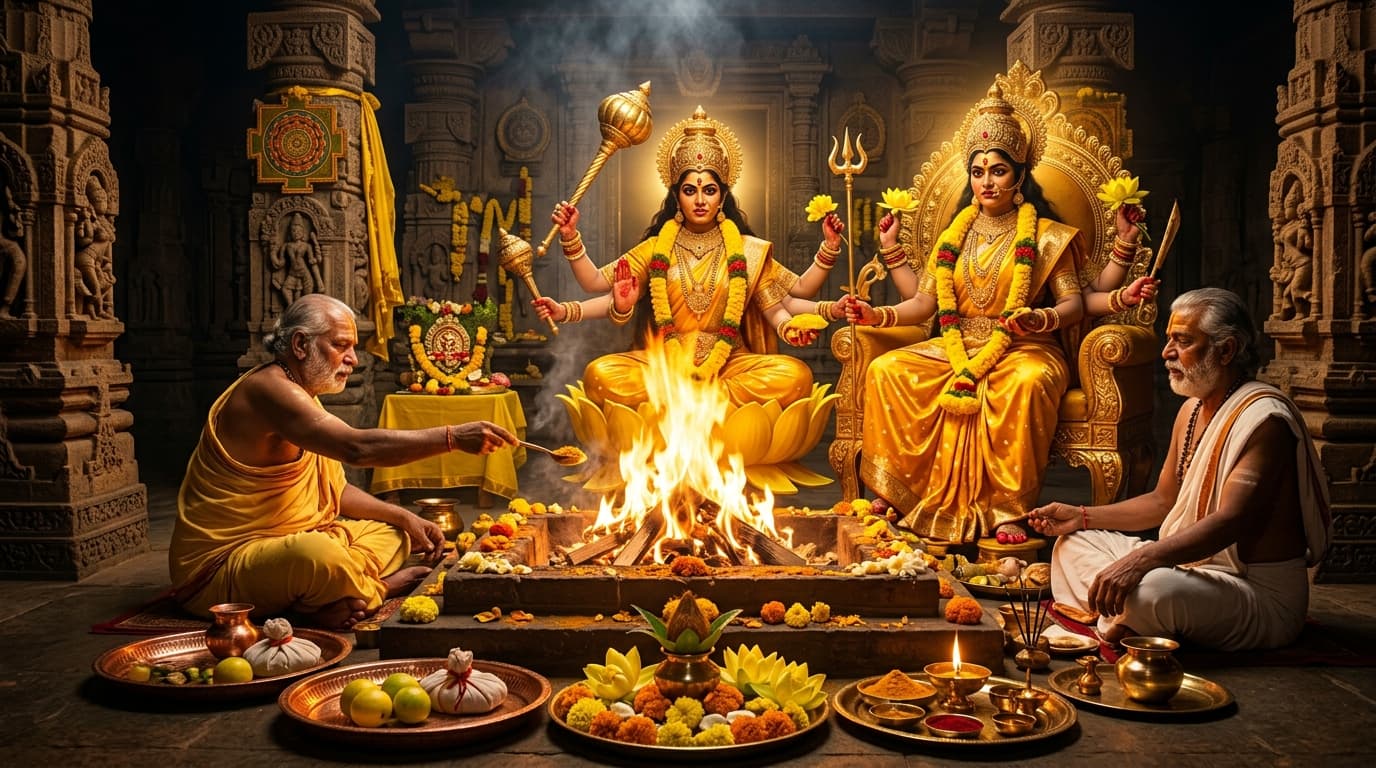 माँ बगलामुखी अमोघ कवच पाठ, हल्दी अभिषेक, नींबू बलि एवं पीतांबरा महाहवन (VIP Bagalamukhi Kavach & Haldi Abhishek)