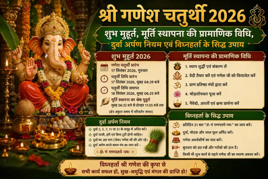 श्री गणेश चतुर्थी 2026: शुभ मुहूर्त, मूर्ति स्थापना की प्रामाणिक विधि, दुर्वा अर्पण नियम एवं विघ्नहर्ता के सिद्ध उपाय श्री गणेश चतुर्थी 2026: शुभ मुहूर्त, मूर्ति स्थापना की प्रामाणिक विधि, दुर्वा अर्पण नियम एवं विघ्नहर्ता के सिद्ध उपाय - Vedic Pujas & Anushthan | DivyaYagyam