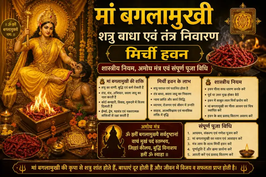 मां बगलामुखी शत्रु बाधा एवं तंत्र निवारण मिर्ची हवन: शास्त्रीय नियम, अमोघ मंत्र एवं संपूर्ण पूजा विधि मां बगलामुखी शत्रु बाधा एवं तंत्र निवारण मिर्ची हवन: शास्त्रीय नियम, अमोघ मंत्र एवं संपूर्ण पूजा विधि - Vedic Pujas & Anushthan | DivyaYagyam