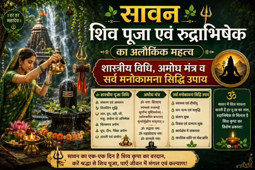 सावन शिव पूजा एवं रुद्राभिषेक का अलौकिक महत्व: शास्त्रीय विधि, अमोघ मंत्र व सर्व मनोकामना सिद्धि उपाय सावन शिव पूजा एवं रुद्राभिषेक का अलौकिक महत्व: शास्त्रीय विधि, अमोघ मंत्र व सर्व मनोकामना सिद्धि उपाय - Vedic Pujas & Anushthan | DivyaYagyam