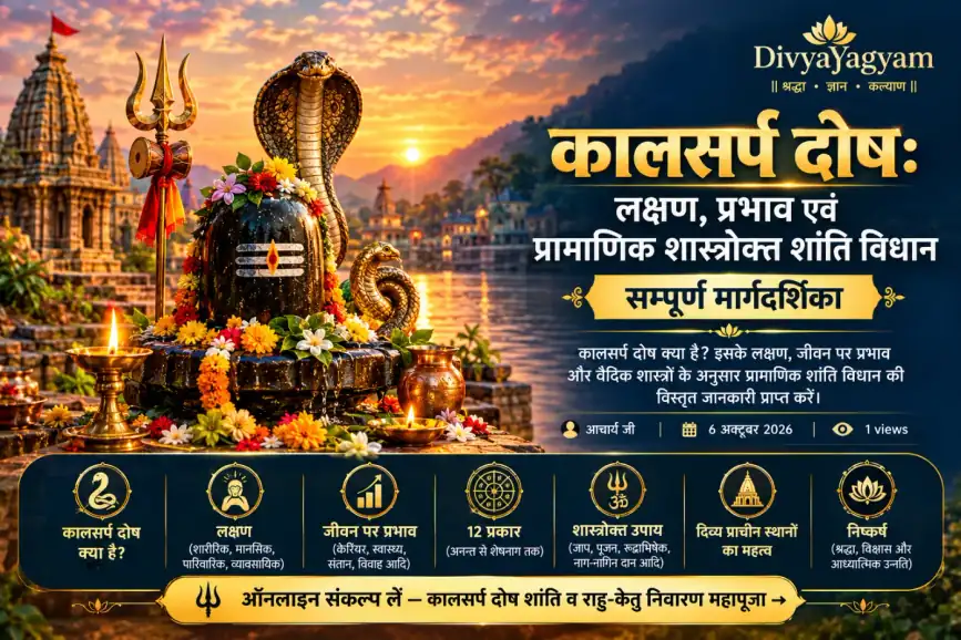 कालसर्प दोष लक्षण, प्रभाव एवं प्रामाणिक शास्त्रोक्त शांति विधान: सम्पूर्ण मार्गदर्शिका कालसर्प दोष लक्षण, प्रभाव एवं प्रामाणिक शास्त्रोक्त शांति विधान: सम्पूर्ण मार्गदर्शिका - ज्योतिष उपाय व दोष निवारण | DivyaYagyam