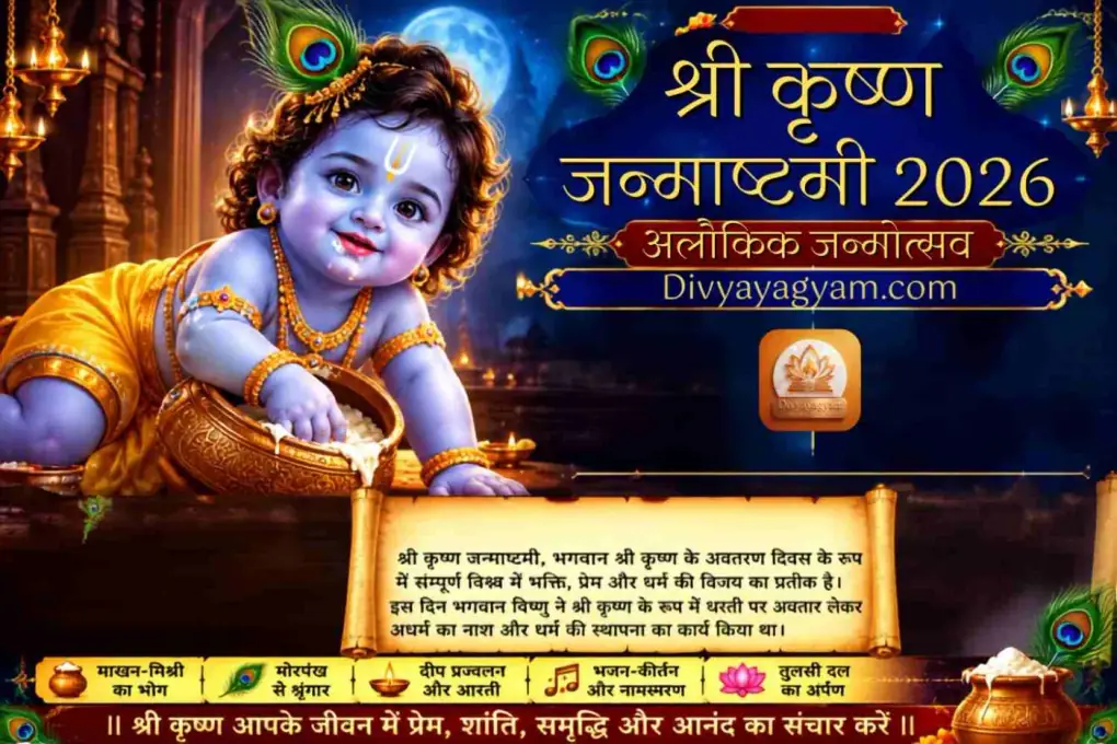 श्री कृष्ण जन्माष्टमी 2026: अलौकिक जन्मोत्सव, शुभ मुहूर्त और प्रामाणिक पूजा विधि श्री कृष्ण जन्माष्टमी 2026: अलौकिक जन्मोत्सव, शुभ मुहूर्त और प्रामाणिक पूजा विधि - Vedic Pujas & Anushthan | DivyaYagyam
